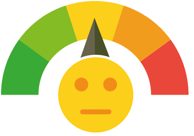 Temperature gauge showing dark green to dark red, indicator is between orange and red, with a sad face.